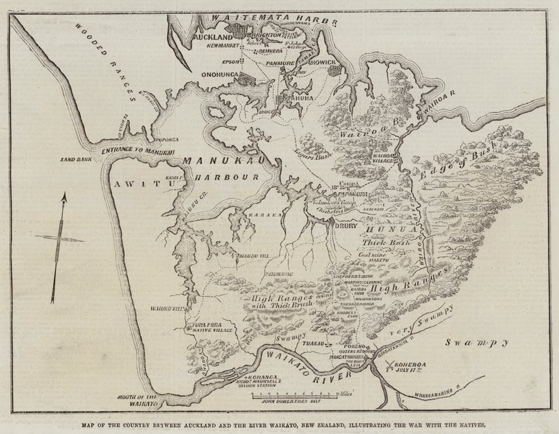 Az új-zélandi Auckland és a Waikato folyó közötti ország térképe, amely a bennszülöttekkel vívott háborút illusztrálja alkotó: John Dower