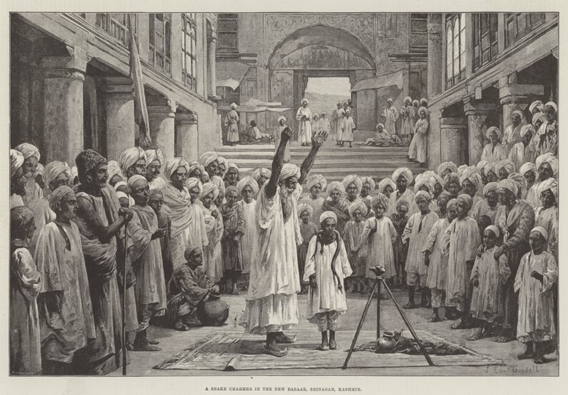 Kígyóbűvölő az Új Bazárban, Srinagar, Kasmír alkotó: John Edward Goodall