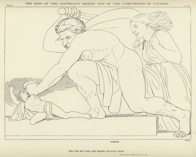 A Lestrigens királya elkapja Odüsszeusz egyik társát. alkotó: John Flaxman