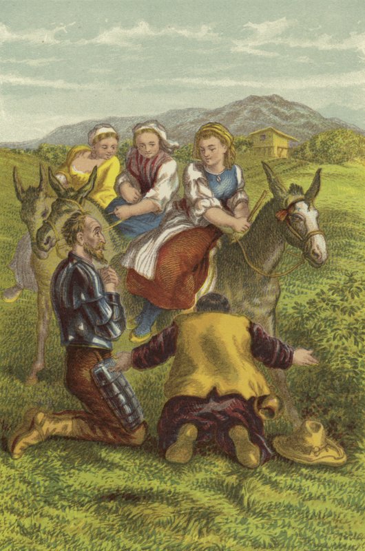 Don Quijote, Sancho és a vidéki lányok (chromolitho) alkotó: John Gilbert