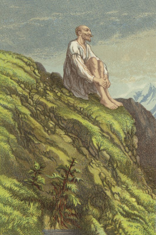 Don Quijote a Sierra Morenán vezeklés közben (chromolitho) alkotó: John Gilbert