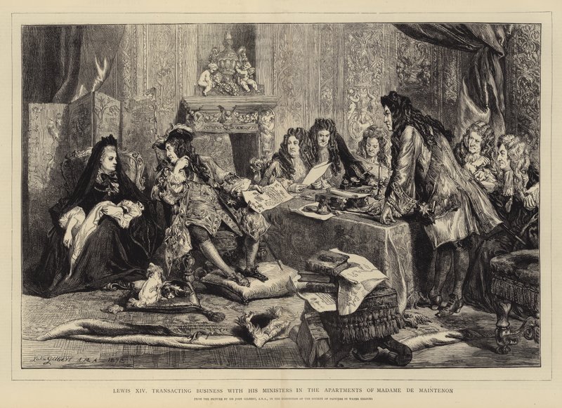 XIV. Lajos, üzleteket bonyolít minisztereivel Madame de Maintenon lakásaiban alkotó: John Gilbert