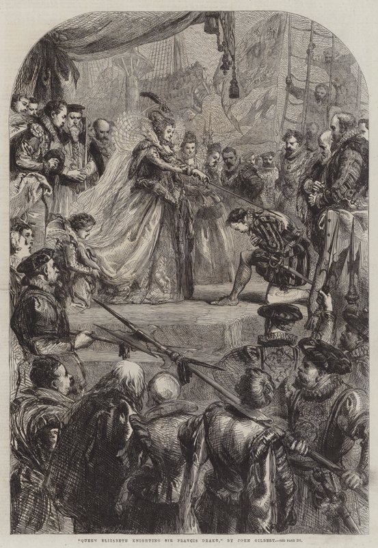Erzsébet királynő lovaggá ütötte Sir Francis Drake-et alkotó: John Gilbert
