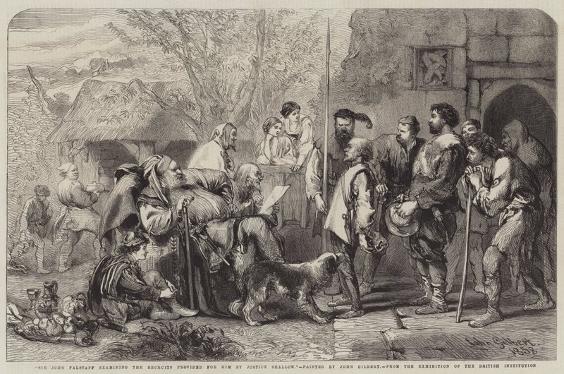 Sir John Falstaff megvizsgálja a Shallow bíró által a számára biztosított újoncokat alkotó: John Gilbert