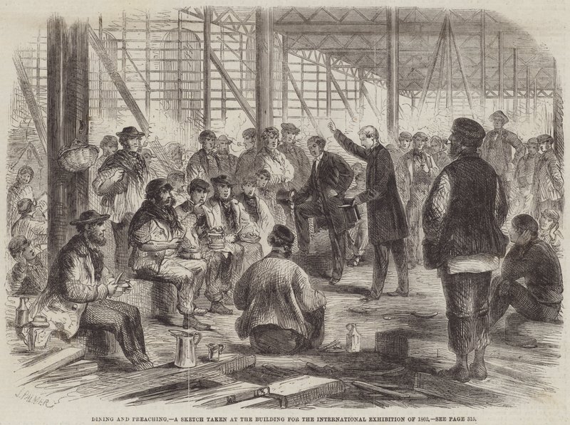 Étkezés és prédikáció, az 1862-es Nemzetközi Kiállítás épületében készült vázlat alkotó: John Palmer