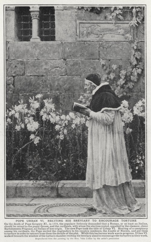 VI. Urbán pápa breviáriumát szavalta, hogy ösztönözze a kínzást (litho) alkotó: John (after) Collier