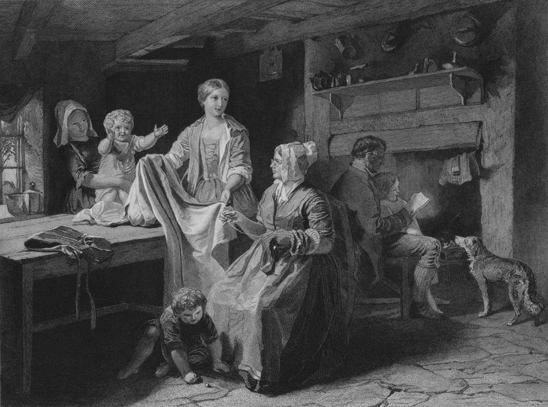 Illusztráció: Robert Burns: A cottár szombat éjszakája, IV. és V. vers (metszet) alkotó: John (after) Faed