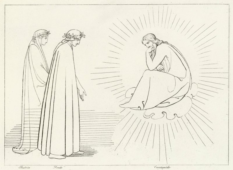 Dante beszélgetés Cacciaguidával, Paradicsom, 17. ének (metszet) alkotó: John (after) Flaxman