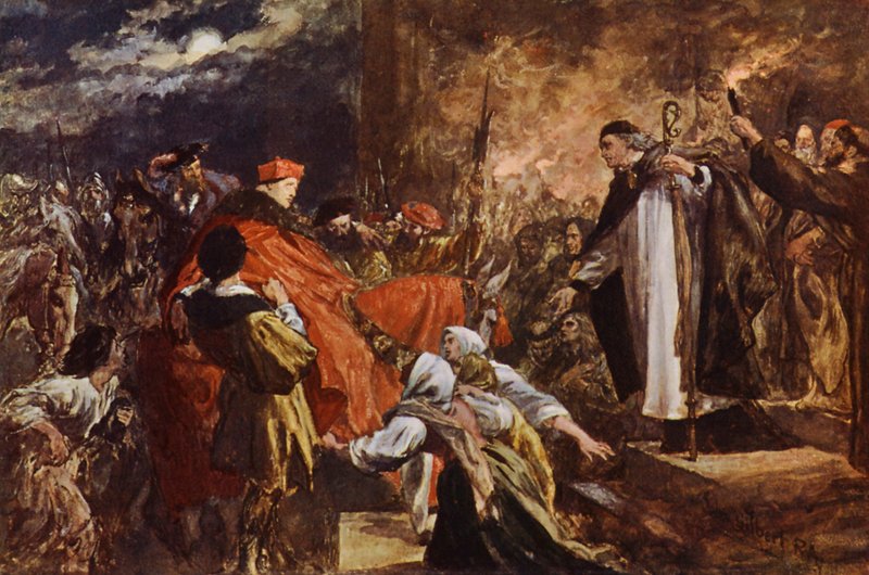 Wolsey bíboros érkezése a Leicester Abbey-be (színes litó) alkotó: John (after) Gilbert