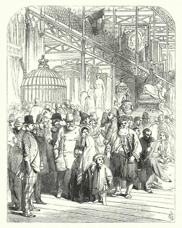 Kiállítók és látogatók a Crystal Palace-ban, a Hyde Parkban, Londonban, az 1851-es Nagy Kiállítás helyszínén (metszet) alkotó: John (after) Gilbert