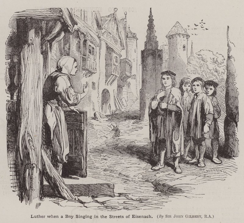 Luther Márton, amikor egy fiú énekel Eisenach utcáin (metszet) alkotó: John (after) Gilbert