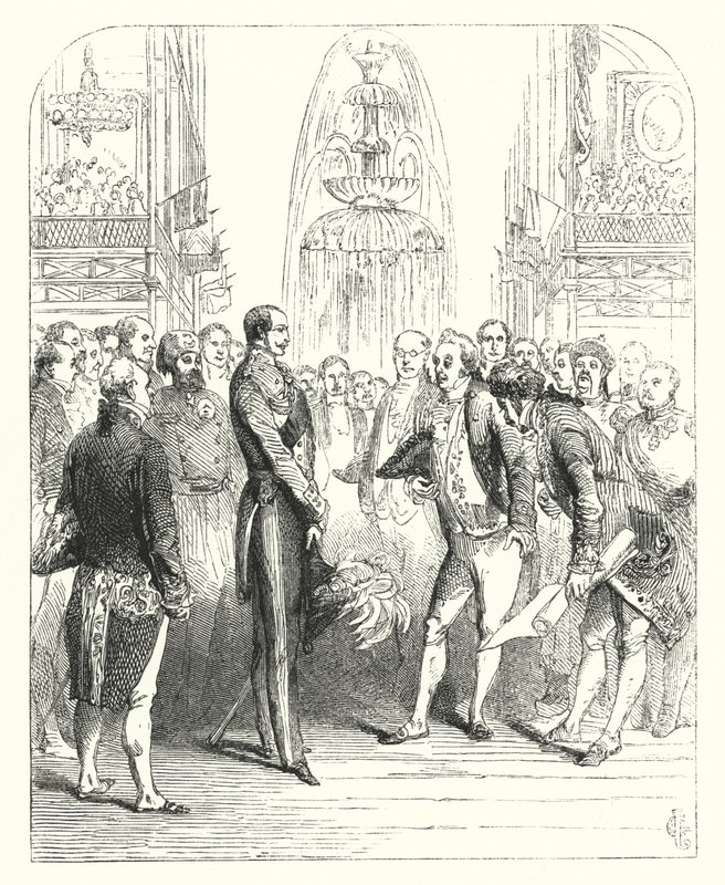 Albert herceg és a királyi biztosok az 1851-es nagy kiállításon, Crystal Palace, Hyde Park, London (metszet) alkotó: John (after) Gilbert