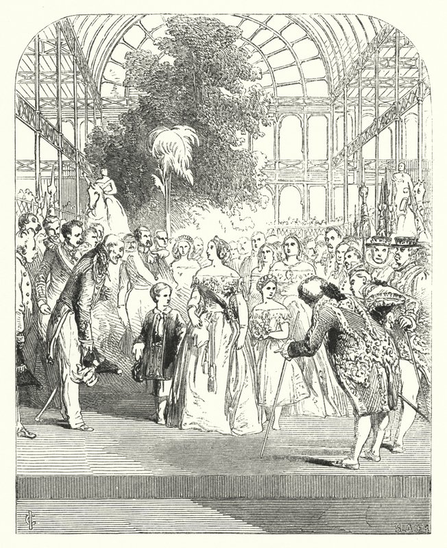 Viktória királynő és gyermekei az 1851-es Nagy Kiállításon, a Crystal Palace-ban, a Hyde Parkban, Londonban (metszet) alkotó: John (after) Gilbert