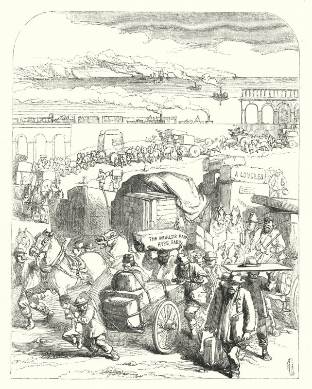 Hajók és vonatok, amelyek az 1851-es Nagy Kiállításra, a Crystal Palace-ra, a Hyde Parkba, Londonba viszik a látogatókat (metszet) alkotó: John (after) Gilbert