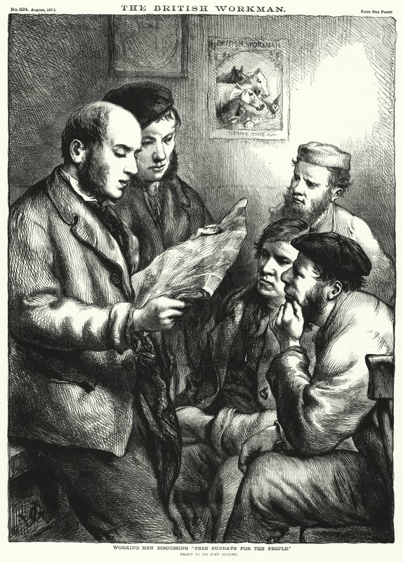 Dolgozó férfiak a "Szabad vasárnapok az embereknek" megbeszéléséről (metszet) alkotó: John (after) Gilbert
