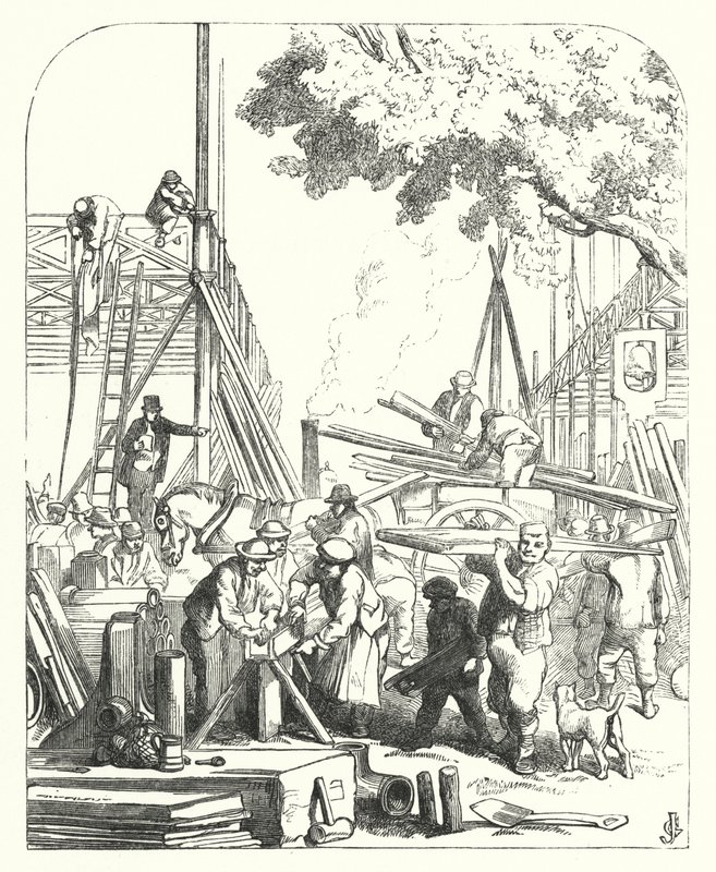 Munkások a Crystal Palace helyén, a Hyde Parkban, Londonban, az 1851-es Nagy Kiállítás helyszínén (metszet) alkotó: John (after) Gilbert