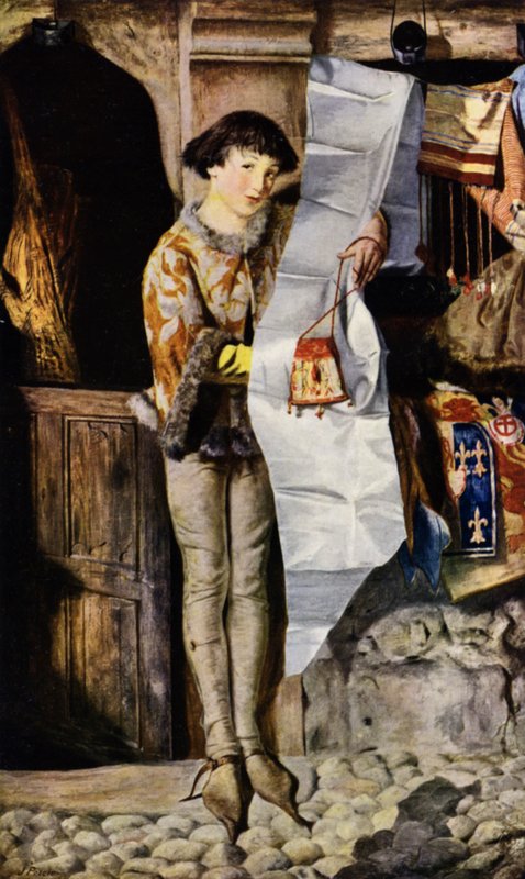 Fiú egy drapéria előtt a középkorban áruit reklámozva (fotó) alkotó: John (after) Pettie