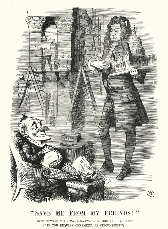 Punch rajzfilm: Ments meg a barátaimtól – Sir Christopher Wren szelleme és a londoni Szent Pál-székesegyház díszítése (metszet) alkotó: John (after) Tenniel