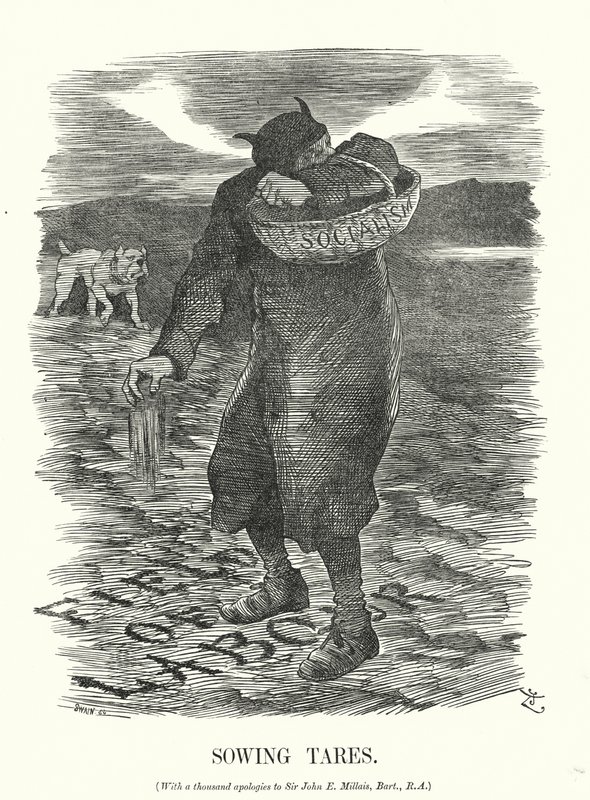 Punch rajzfilm: Konkolyvetés – a szocializmus terjedésétől való félelem a brit munkások körében (metszet) alkotó: John (after) Tenniel