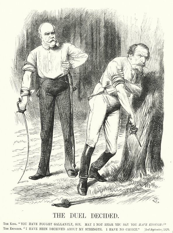 Punch rajzfilm: A párbaj eldőlt – Franciaország veresége a francia-porosz háborúban (metszet) alkotó: John (after) Tenniel