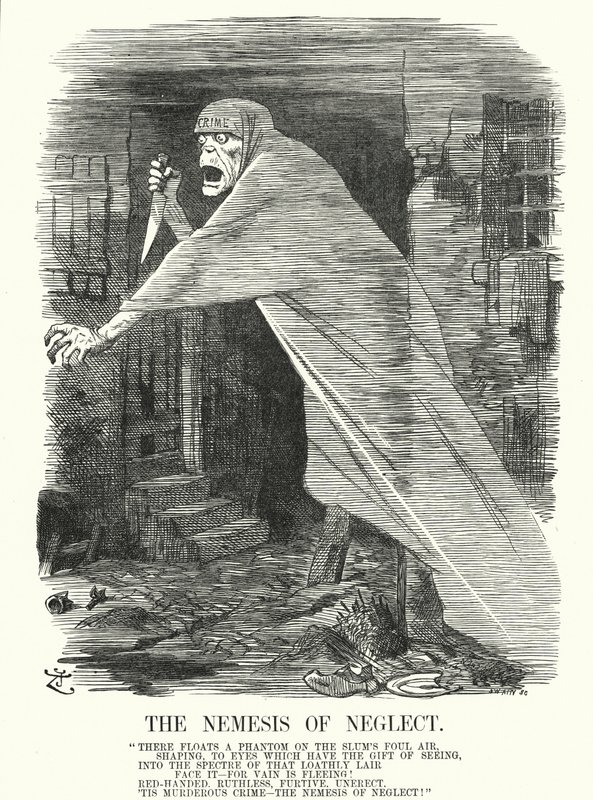 Punch rajzfilm: Az elhanyagoltság Nemezis – szegénység és bűnözés Londonban Hasfelmetsző Jack gyilkosságai idején (metszet) alkotó: John (after) Tenniel