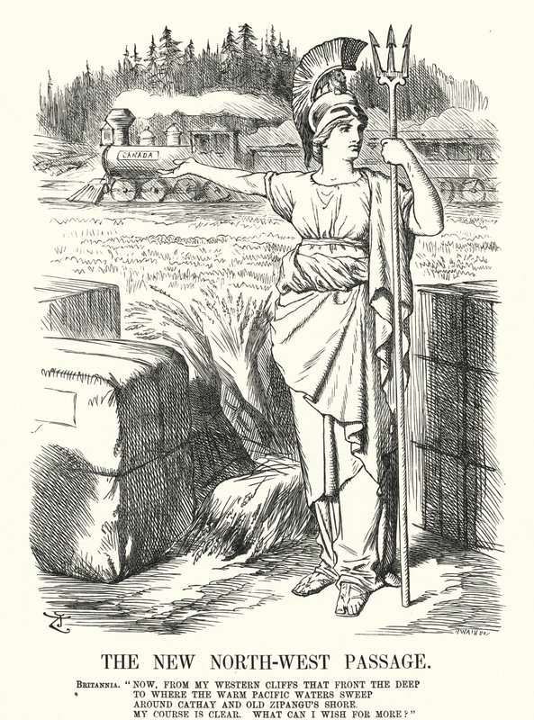 Punch rajzfilm: Az új észak-nyugati átjáró – a kanadai csendes-óceáni vasút (metszet) alkotó: John (after) Tenniel
