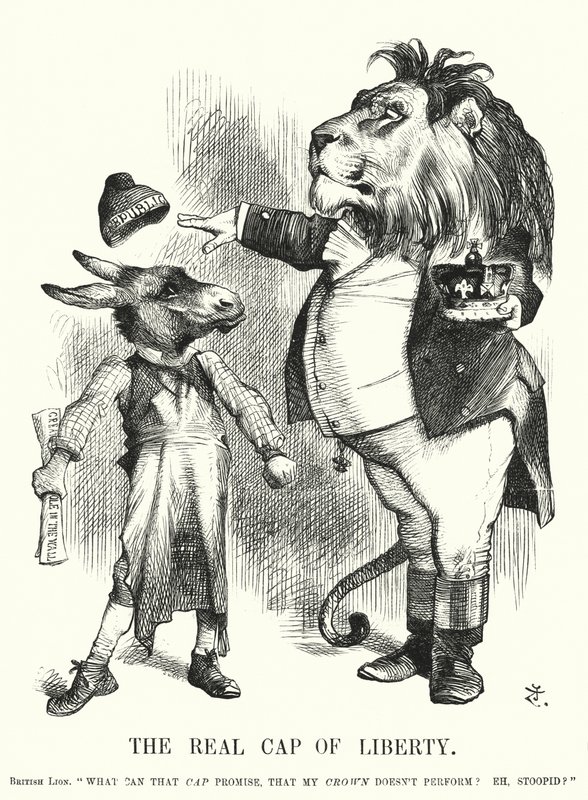 Punch rajzfilm: The Real Cap of Liberty – Nagy-Britannia alkotmányos monarchiájának felsőbbrendűsége a republikanizmussal szemben (metszet) alkotó: John (after) Tenniel