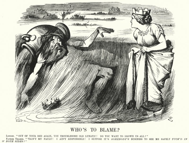 Punch rajzfilm: Ki a hibás? - intézkedések megtételére szólít fel a londoni Temze áradásainak megelőzése érdekében (metszet) alkotó: John (after) Tenniel