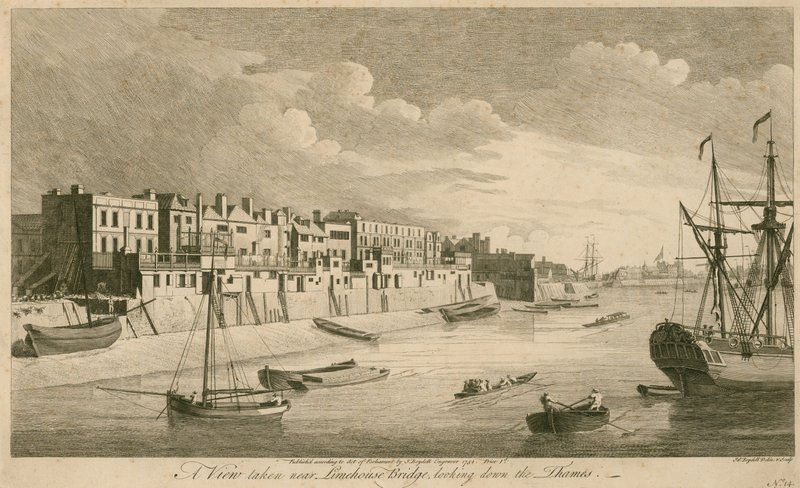 A Limehouse Bridge közelében készült kilátás a Temzére nézve alkotó: John Boydell