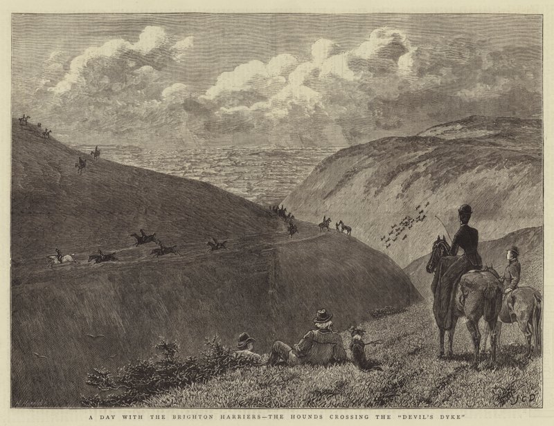 Egy nap a Brighton Harrierekkel, az ördöggáton átkelő vadászkutyákkal alkotó: John Charles Dollman