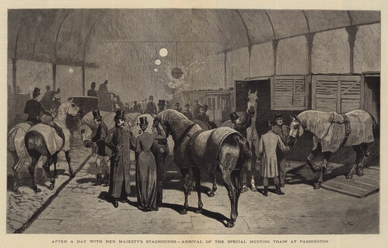 Egy nap után Őfelsége szarvaskutyáival, a különleges vadászvonat megérkezése Paddingtonba alkotó: John Charles Dollman