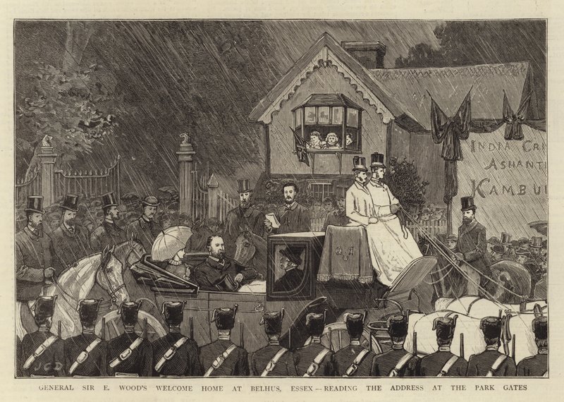 Sir E Wood tábornok üdvözlő otthona Belhusban, Essexben, és felolvassa a beszédet a Park Gatesnél alkotó: John Charles Dollman