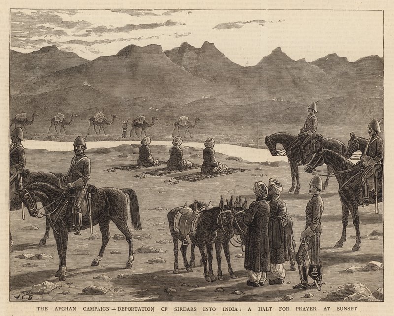 Az afgán hadjárat, a sirdárok deportálása Indiába, az ima leállása napnyugtakor alkotó: John Charles Dollman