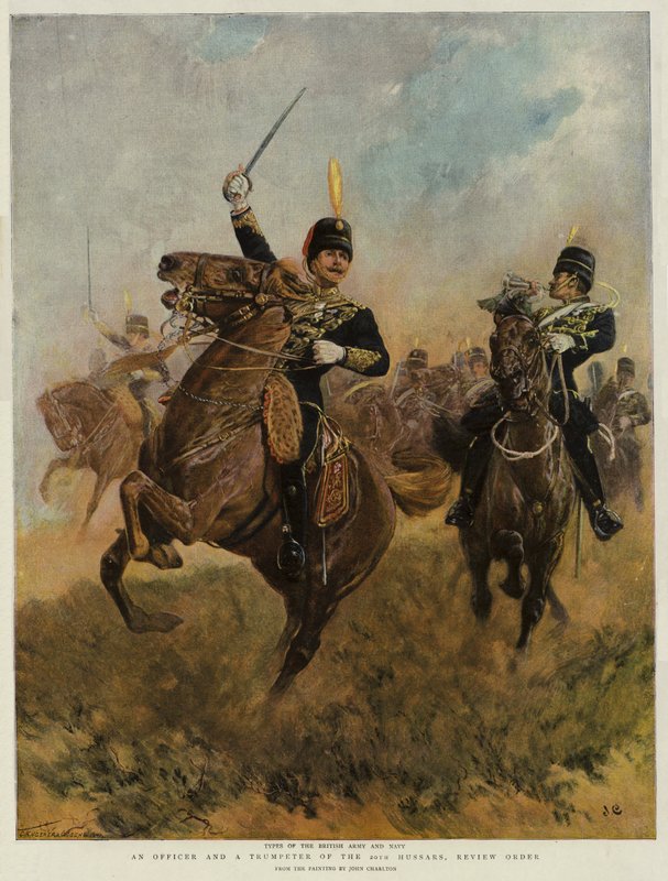 A 20. huszárok tisztje és trombitása, felülvizsgálati parancs (chromolitho) alkotó: John Charlton