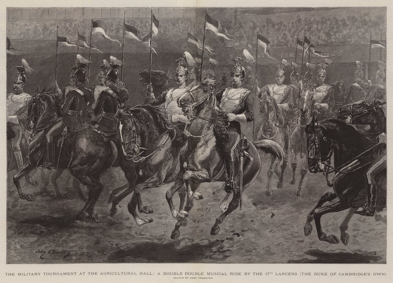 Katonai torna a mezőgazdasági csarnokban, a 17th Lancers, a Cambridge-i herceg dupla zenés lovaglása alkotó: John Charlton