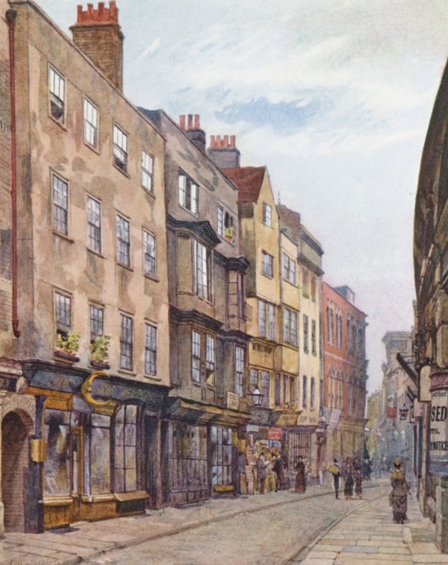 Elveszett London: Holywell Street, nyugati irányban (színes litográfia) alkotó: John Crowther