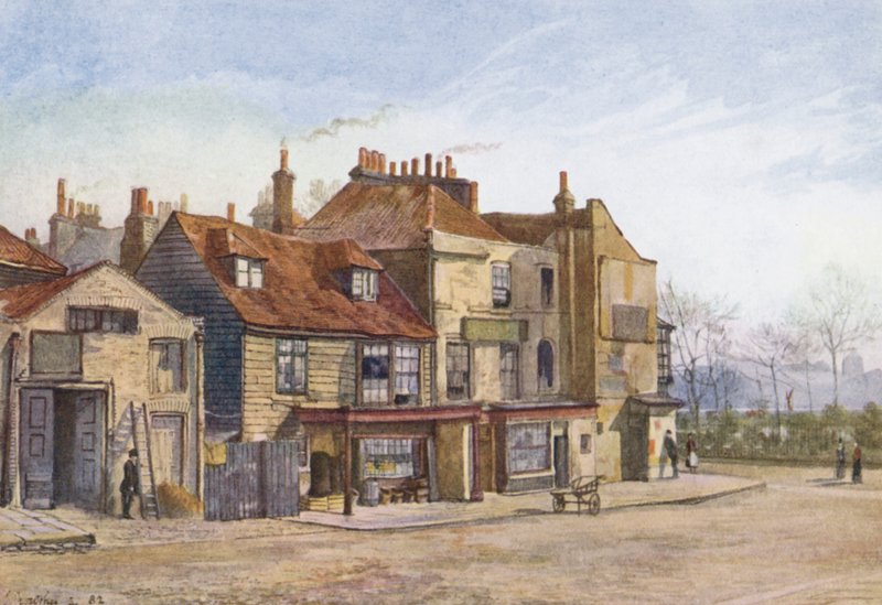 Elveszett London: Lawrence Street, Chelsea, South-East Corner (színes lithó) alkotó: John Crowther
