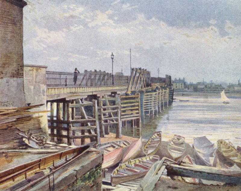 Elveszett London: Battersea híd, az északi partról (színes litográfia) alkotó: John Crowther