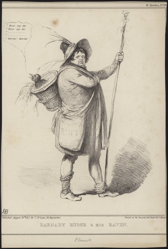 Barnaby Rudge és hollója, illusztráció Charles Dickens „Barnaby Rudge” című művéből, 1841 alkotó: John Doyle