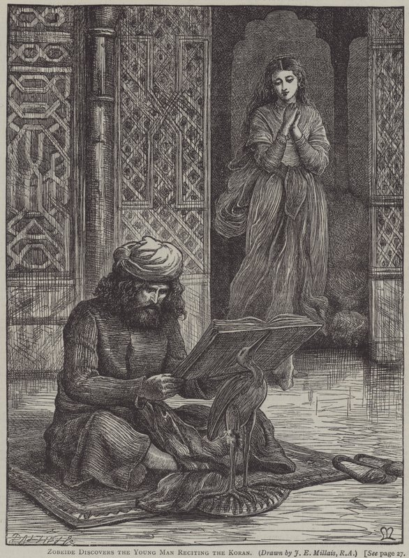 Zobeide felfedezi a fiatal férfit, aki a Koránt szavalja (metszet) alkotó: John Everett (after) Millais
