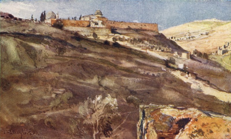 Jeruzsálem, a Templomterület déli fala, a Hinnom-völgyből, naplementekor alkotó: John Fulleylove