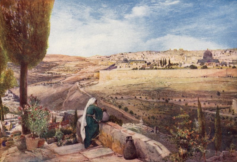 Jeruzsálem, az Olajfák hegyének hagyományos helyéről, ahol Krisztus sírt a város felett (színes litho) alkotó: John Fulleylove