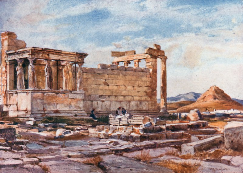 Az Erechtheum déli oldala, az Athena Polias korábbi templomának alapjaival alkotó: John Fulleylove