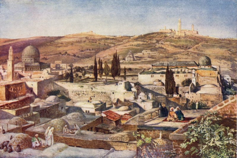 A templom területe és az Olajfák hegye, a Sion hegyéről (színes litho) alkotó: John Fulleylove