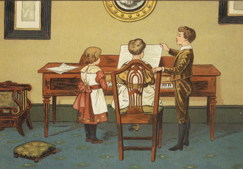 Gyerekek próbálnak zongoránál (színes litó) alkotó: John George (after) Sowerby