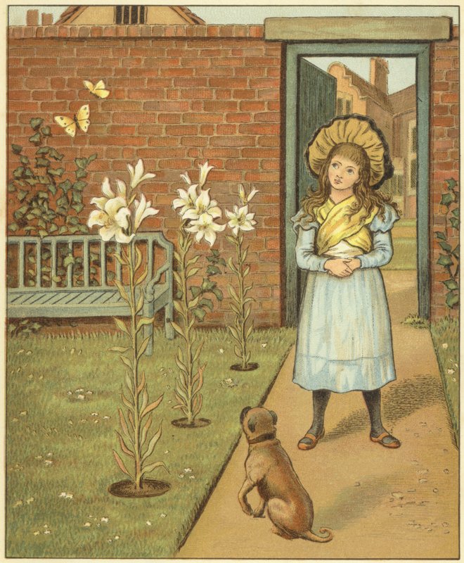 Lány egy fallal körülvett kertben, a liliomok és a kutyája mellett (színes litho) alkotó: John George (after) Sowerby