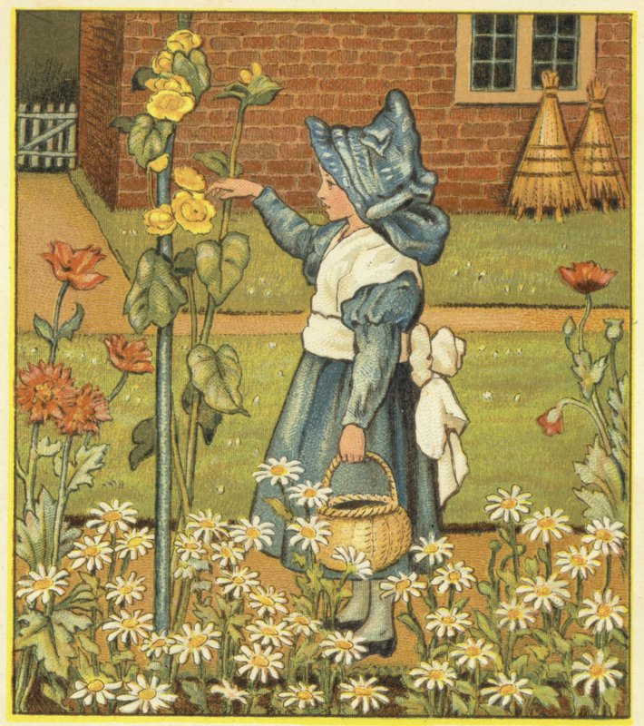 Lány a kertben hollyhock, mákkal és százszorszépekkel (színes litho) alkotó: John George (after) Sowerby