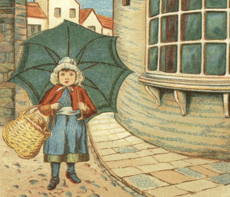 Kislány vásárolni a kosarával (színes litho) alkotó: John George (after) Sowerby
