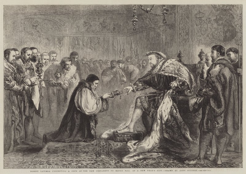 Latimer püspök átadja az Újszövetség másolatát VIII. Henriknek újévi ajándékként alkotó: John Gilbert