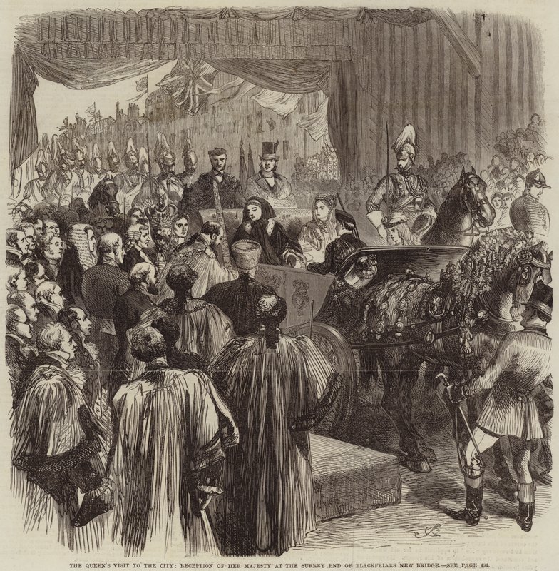 A királynő látogatása a városban, Őfelsége fogadása a Blackfriars New Bridge Surrey végén alkotó: John Gilbert